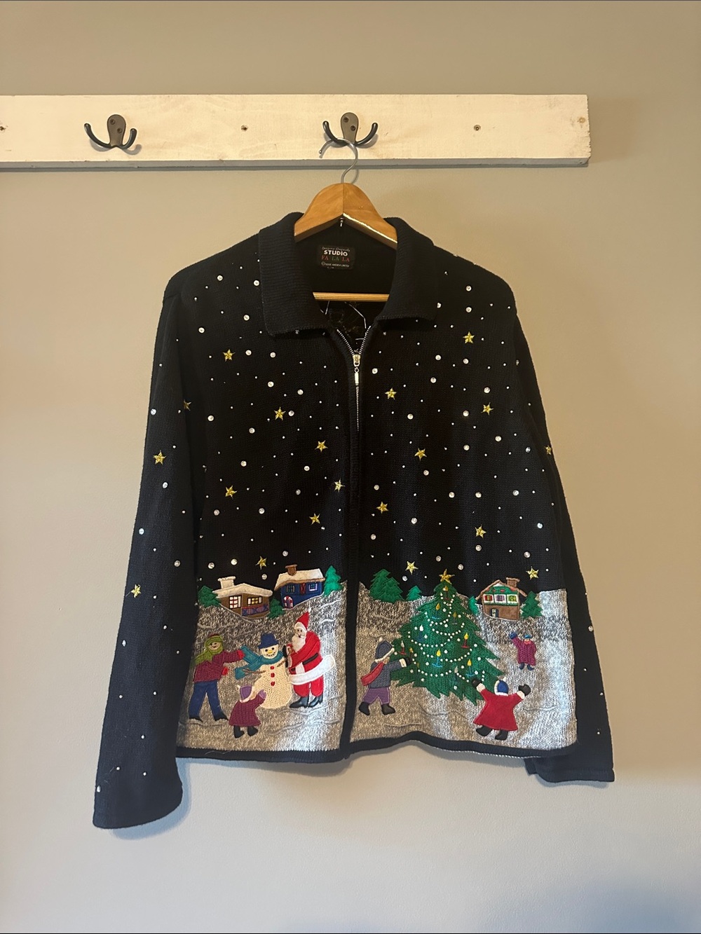 Christmas Night Sky Vintage Black Holiday Zip-Up Embroidered Cardigan Y2K